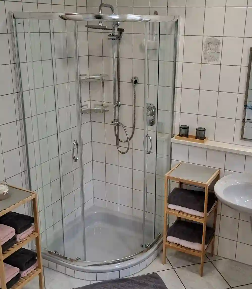 Das großzügige Badezimmer verfügt über eine moderne Dusche mit geringem Einstieg